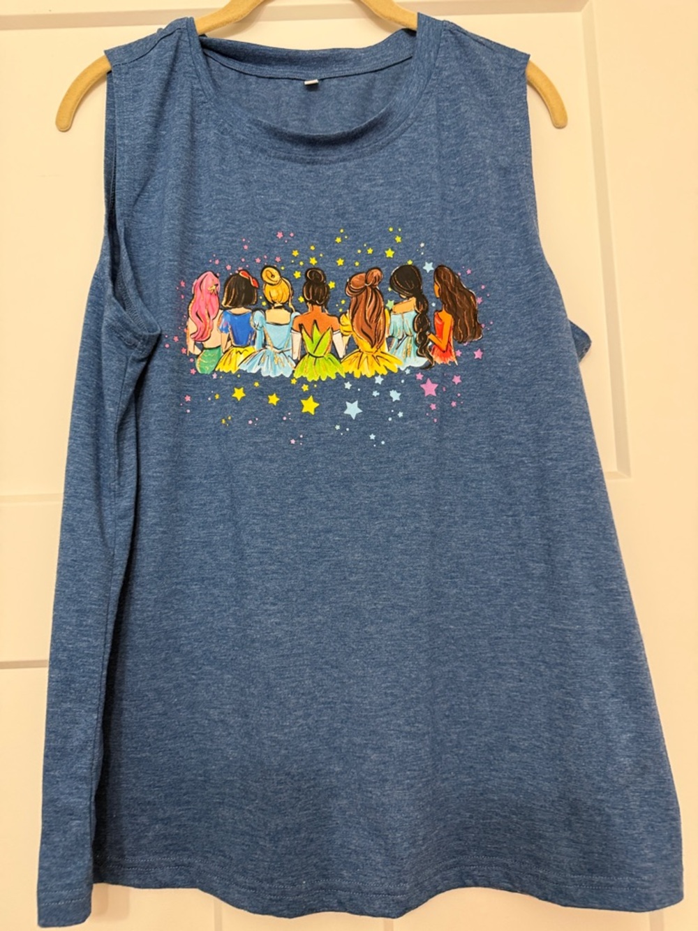Blue Graphic Sleeveless Tee with Colorful Disney Princess Illustration